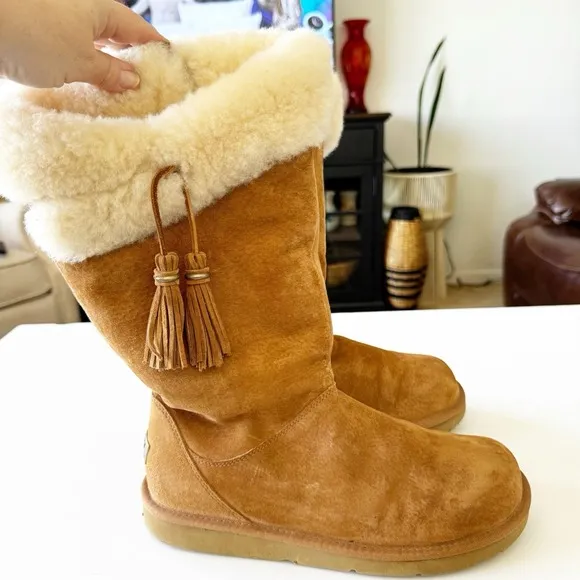 UGG Chestnut Plumdale Tassel Sheepskin Tall Boot Side Zip Women 10 ~ SN 1894