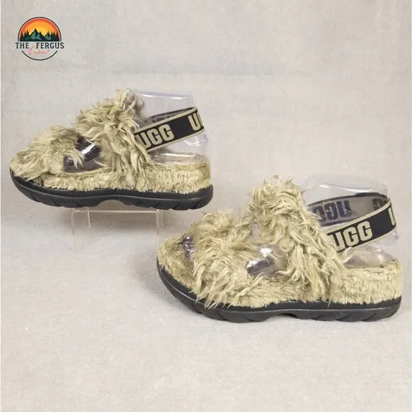 UGG Fluff Sugar Slingback Sandals Burnt Olive Faux Fur Trim Women's Size 6