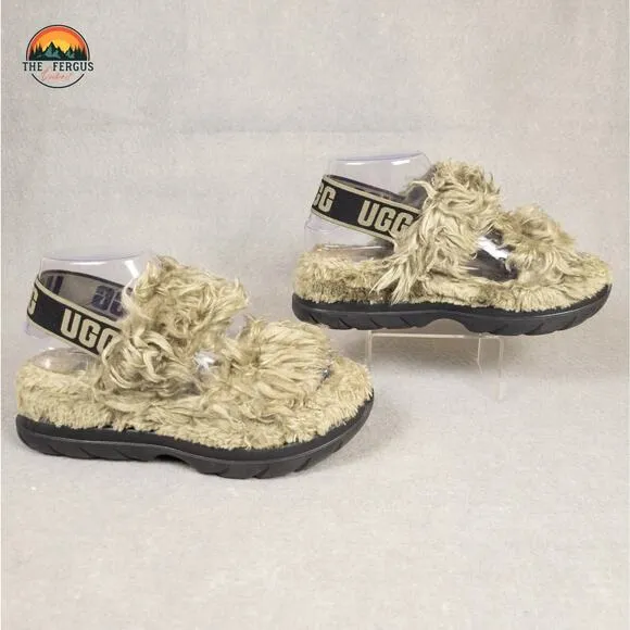 UGG Fluff Sugar Slingback Sandals Burnt Olive Faux Fur Trim Women's Size 6