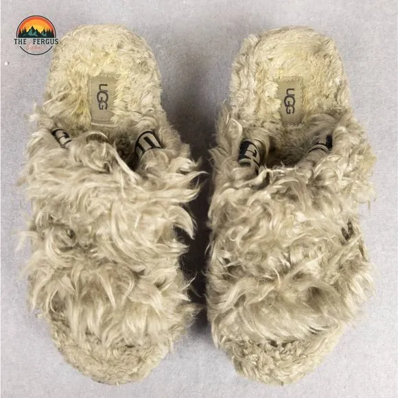 UGG Fluff Sugar Slingback Sandals Burnt Olive Faux Fur Trim Women's Size 6