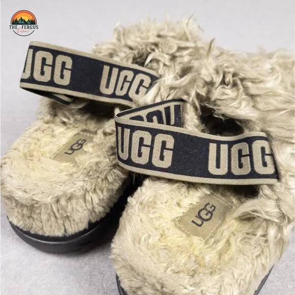 UGG Fluff Sugar Slingback Sandals Burnt Olive Faux Fur Trim Women's Size 6