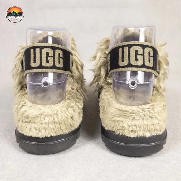 UGG Fluff Sugar Slingback Sandals Burnt Olive Faux Fur Trim Women's Size 6