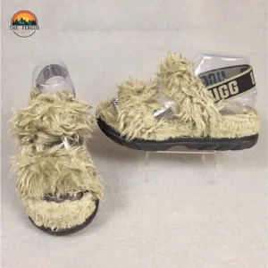 UGG Fluff Sugar Slingback Sandals Burnt Olive Faux Fur Trim Women's Size 6