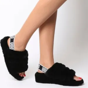 UGG Fluff Yeah Black Slippers Women's 10 Slides New Without Box Ankle Strap Logo