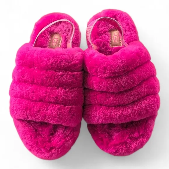 UGG Fluff Yeah Girls Rock Pink Slide Slipper Shearling Sandals Big Kids Sz 3