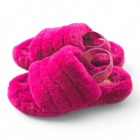 UGG Fluff Yeah Girls Rock Pink Slide Slipper Shearling Sandals Big Kids Sz 3