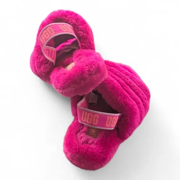 UGG Fluff Yeah Girls Rock Pink Slide Slipper Shearling Sandals Big Kids Sz 3