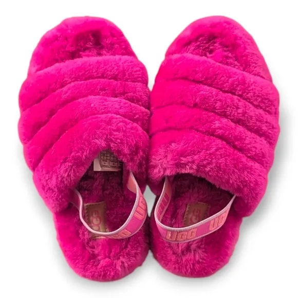 UGG Fluff Yeah Girls Rock Pink Slide Slipper Shearling Sandals Big Kids Sz 3