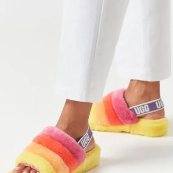 UGG Fluff Yeah Slide - UggPride Rainbow Yellow / US Women's 9