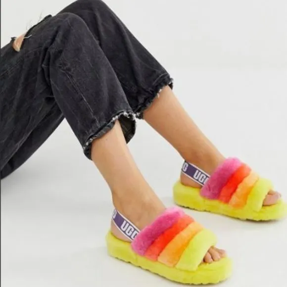 UGG Fluff Yeah Slide - UggPride Rainbow Yellow / US Women's 9