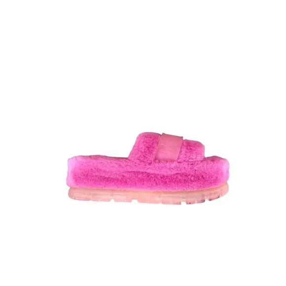 UGG Fluffita Womens Pink Clear Fluffy Platform Slides Slippers Sandals Size 10