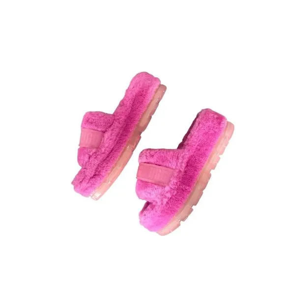 UGG Fluffita Womens Pink Clear Fluffy Platform Slides Slippers Sandals Size 10