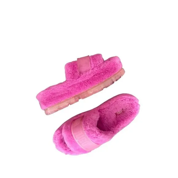 UGG Fluffita Womens Pink Clear Fluffy Platform Slides Slippers Sandals Size 10