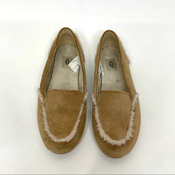 UGG Hailey Sparkle Tan Suede Sheepskin Lined Loafer With White Trim Big Girl 5