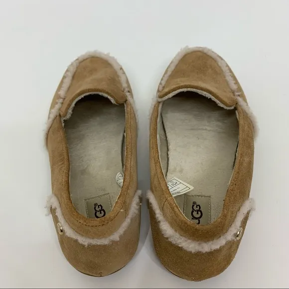 UGG Hailey Sparkle Tan Suede Sheepskin Lined Loafer With White Trim Big Girl 5