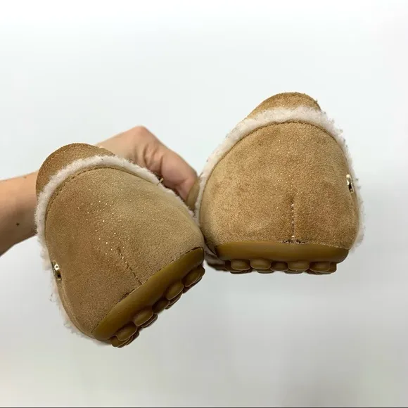 UGG Hailey Sparkle Tan Suede Sheepskin Lined Loafer With White Trim Big Girl 5