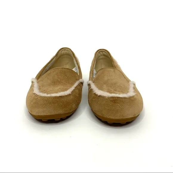 UGG Hailey Sparkle Tan Suede Sheepskin Lined Loafer With White Trim Big Girl 5