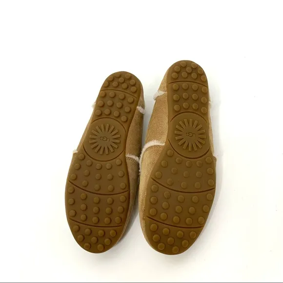 UGG Hailey Sparkle Tan Suede Sheepskin Lined Loafer With White Trim Big Girl 5