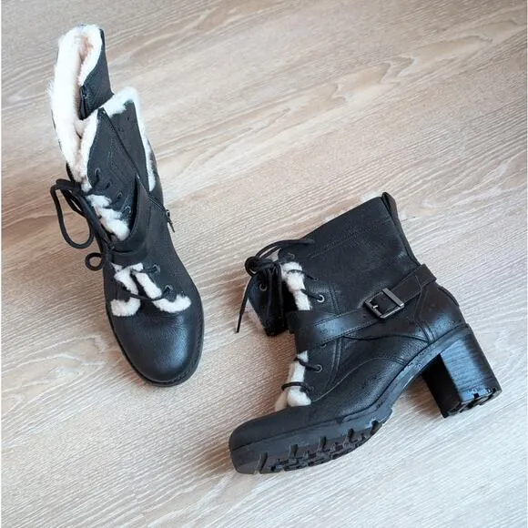 UGG Ingrid Black Biker Leather Sheepskin Lace Up Heeled Ankle Boots, size 8.5