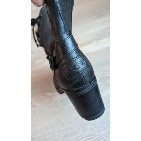 UGG Ingrid Black Biker Leather Sheepskin Lace Up Heeled Ankle Boots, size 8.5