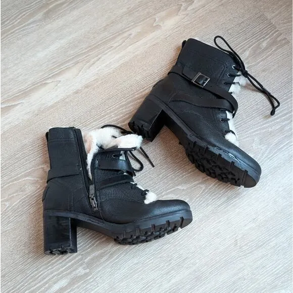 UGG Ingrid Black Biker Leather Sheepskin Lace Up Heeled Ankle Boots, size 8.5