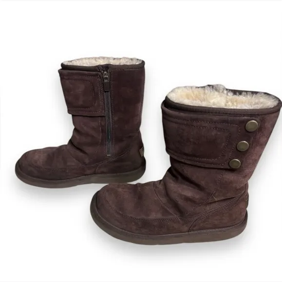UGG “KENTT” Brown Suede &amp; Shearling Side Zip Boots