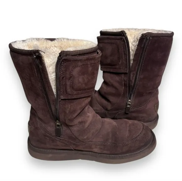 UGG “KENTT” Brown Suede &amp; Shearling Side Zip Boots