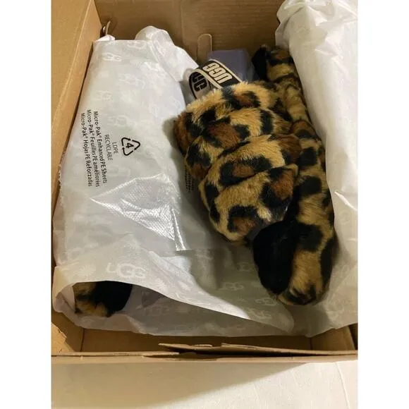 UGG Kid's Fluff Yeah Leopard Slides Natural Child Size 4 New in Box