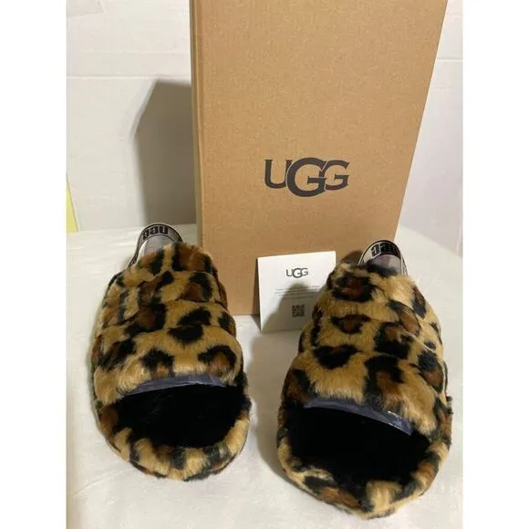 UGG Kid's Fluff Yeah Leopard Slides Natural Child Size 4 New in Box