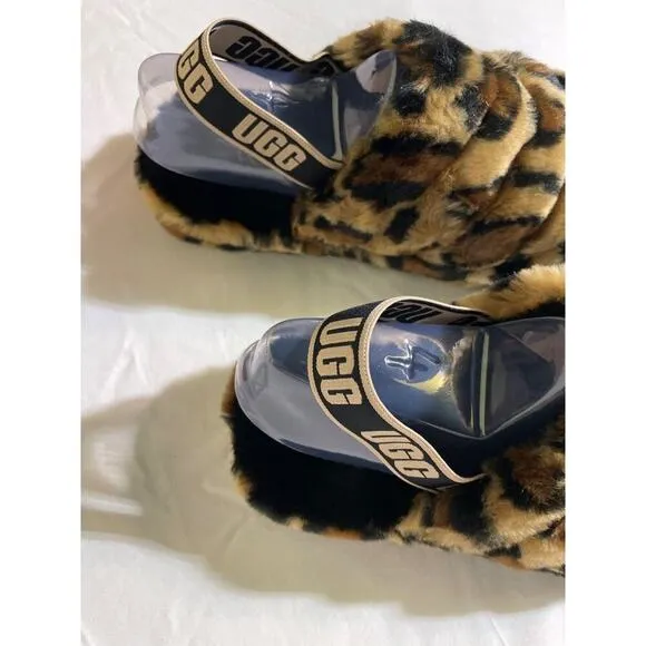 UGG Kid's Fluff Yeah Leopard Slides Natural Child Size 4 New in Box