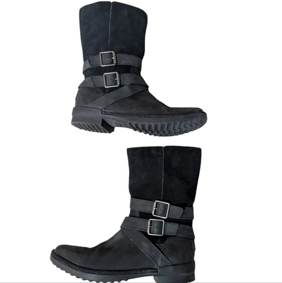 UGG Lorna Boots Wool Fur Lined Side Zip Up Leather Black Size 6.5
