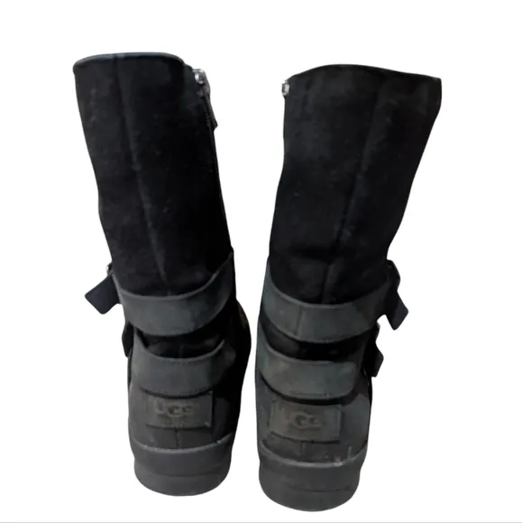 UGG Lorna Boots Wool Fur Lined Side Zip Up Leather Black Size 6.5