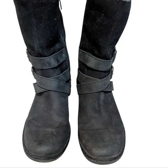 UGG Lorna Boots Wool Fur Lined Side Zip Up Leather Black Size 6.5