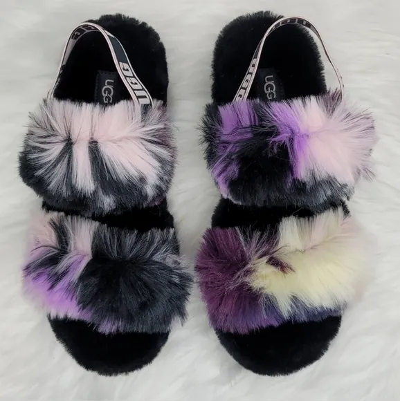 UGG OH YEAH TIE DYE MAGNOLIA SLIDE SLIPPER FUZZY BLACK PURPLE PINK CREAM