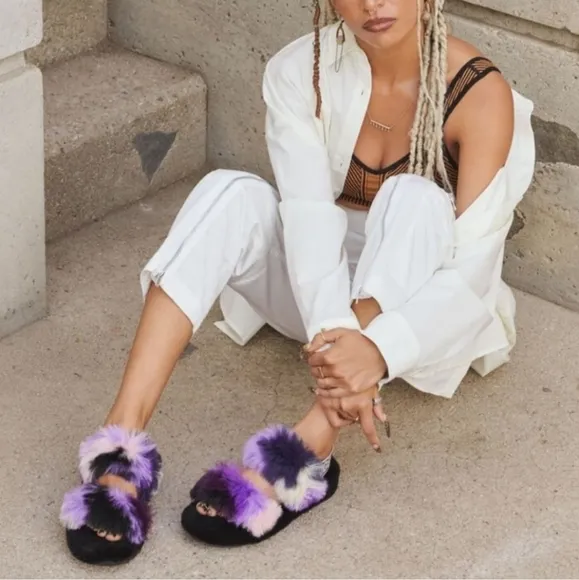UGG OH YEAH TIE DYE MAGNOLIA SLIDE SLIPPER FUZZY BLACK PURPLE PINK CREAM
