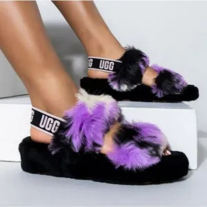 UGG OH YEAH TIE DYE MAGNOLIA SLIDE SLIPPER FUZZY BLACK PURPLE PINK CREAM