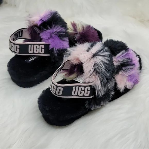 UGG OH YEAH TIE DYE MAGNOLIA SLIDE SLIPPER FUZZY BLACK PURPLE PINK CREAM