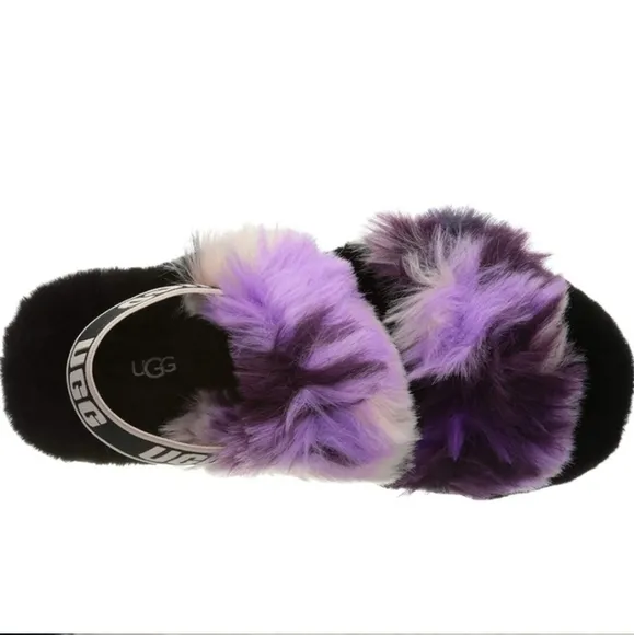 UGG OH YEAH TIE DYE MAGNOLIA SLIDE SLIPPER FUZZY BLACK PURPLE PINK CREAM