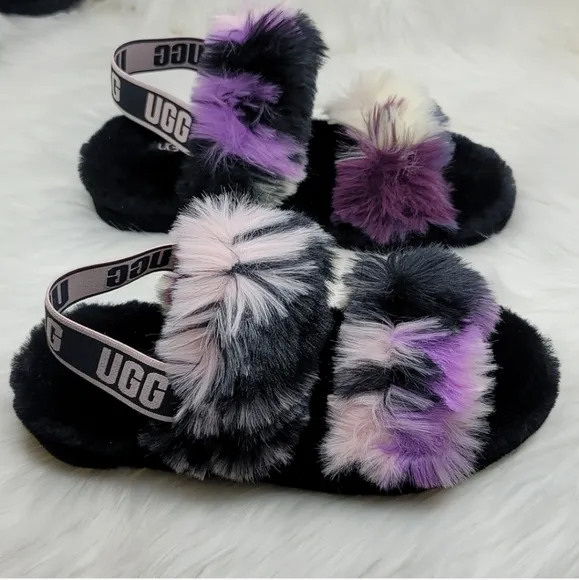 UGG OH YEAH TIE DYE MAGNOLIA SLIDE SLIPPER FUZZY BLACK PURPLE PINK CREAM