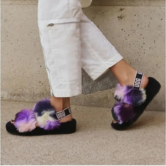 UGG OH YEAH TIE DYE MAGNOLIA SLIDE SLIPPER FUZZY BLACK PURPLE PINK CREAM
