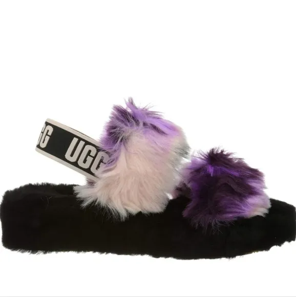 UGG OH YEAH TIE DYE MAGNOLIA SLIDE SLIPPER FUZZY BLACK PURPLE PINK CREAM