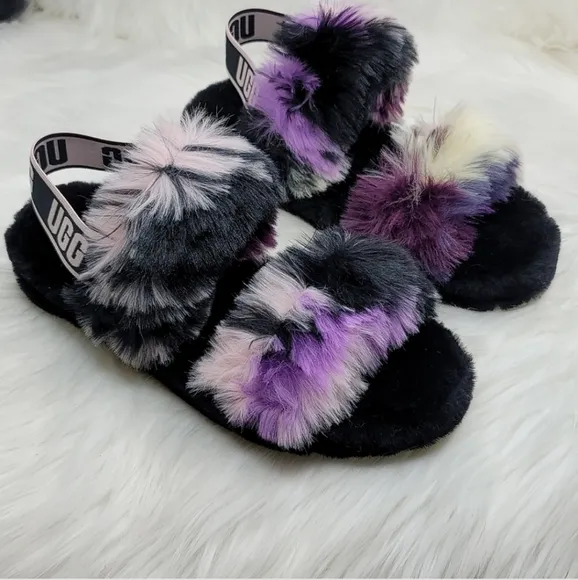 UGG OH YEAH TIE DYE MAGNOLIA SLIDE SLIPPER FUZZY BLACK PURPLE PINK CREAM