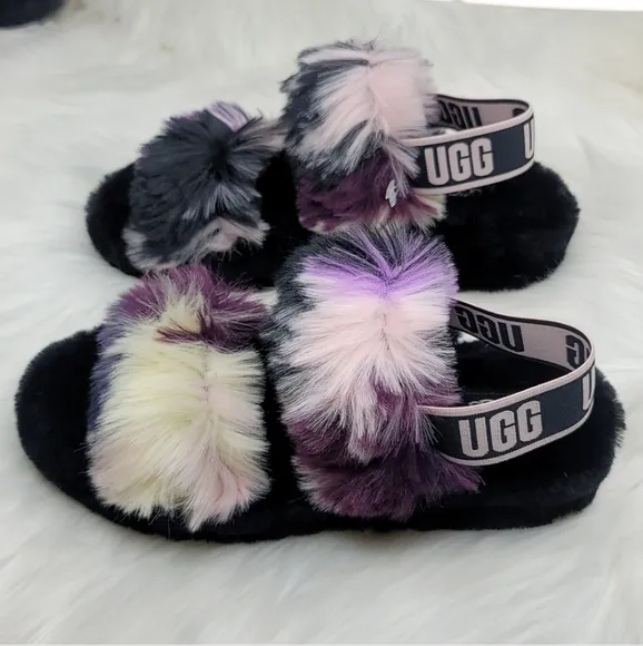 UGG OH YEAH TIE DYE MAGNOLIA SLIDE SLIPPER FUZZY BLACK PURPLE PINK CREAM