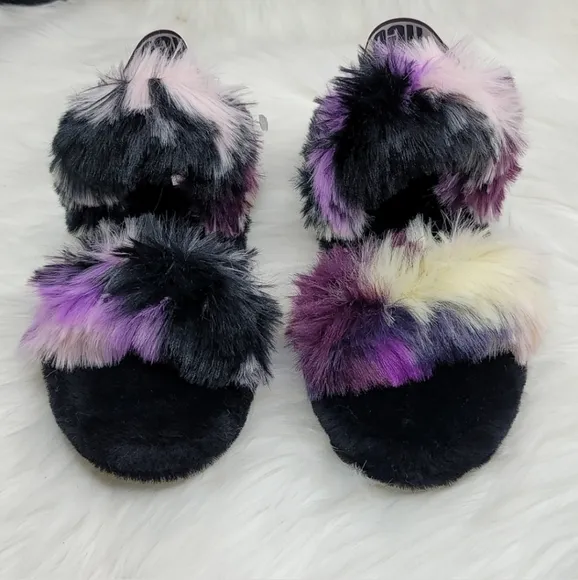 UGG OH YEAH TIE DYE MAGNOLIA SLIDE SLIPPER FUZZY BLACK PURPLE PINK CREAM