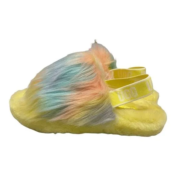 UGG Slippers Girls 4 Yellow Slides Fluff Yeah Tie Dye Lemonade 1120033K Comfy