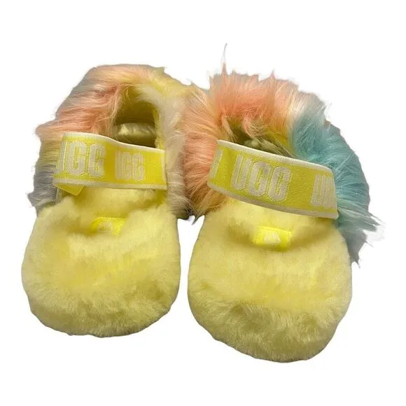 UGG Slippers Girls 4 Yellow Slides Fluff Yeah Tie Dye Lemonade 1120033K Comfy
