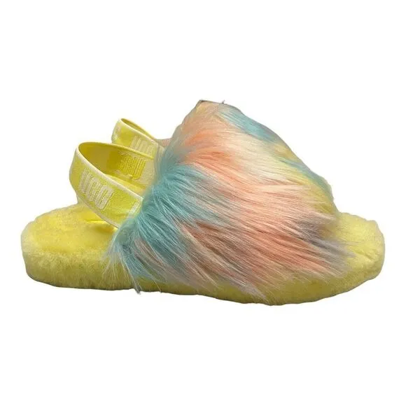 UGG Slippers Girls 4 Yellow Slides Fluff Yeah Tie Dye Lemonade 1120033K Comfy