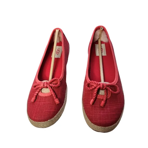 UGG Syleste Red Espadrille Slip-on Flats Canvas Shearling Inside Size 8.5