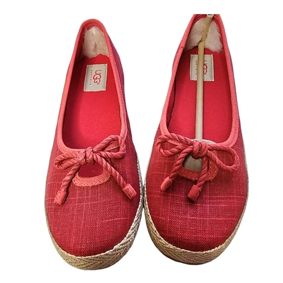 UGG Syleste Red Espadrille Slip-on Flats Canvas Shearling Inside Size 8.5