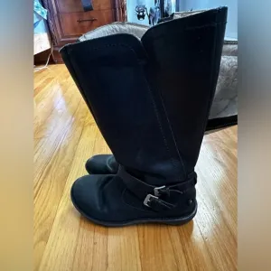 UGG Women ROSEN Black Leather Boots, Wool, Side Zip, Double Strap Buckle